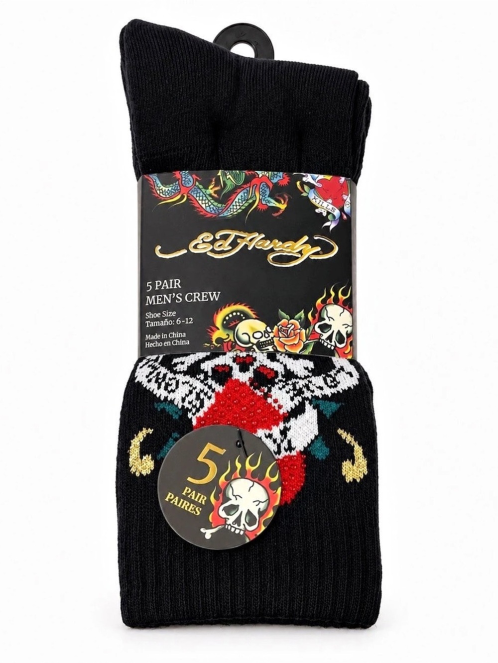 Ed Hardy Men's 5 Pair Crew Socks Black & White Medium